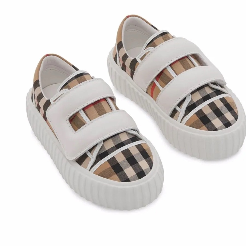 Burberry White and Tan Sneakers with Velcro Straps